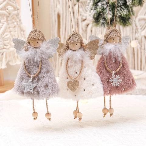 Ornamenti Sospesi Angelo Di Natale In Peluche Tessuto Fatto A Mano Perline Di Legno Corda Di Juta Figurine Decor