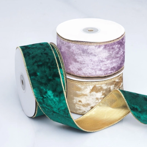 Christmas Velvet Ribbon With Gold Wire Edge Metal Border Luxurious Holiday Tree Decoration Gift Wrapping DIY Craft Roll