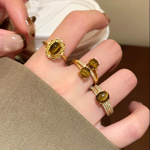 Retro Gold Plated Copper Adjustable Ring With Oval Brown Tiger Eye Stone And Sparkling Zircon For Women Vintage Jewelry