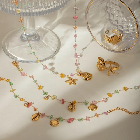 Collar Colgante Estrella De Mar Concha Chapado En Oro 18K Acero Inoxidable Piedras Coloridas Joyería Playa Verano Mujer