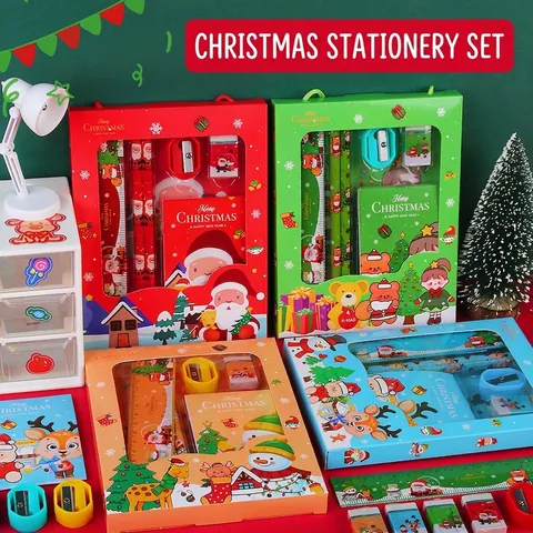 Christmas Stationery Set Kids Gift Includes Pencil Ruler Eraser Sharpener Notepad Cartoon Santa Reindeer Portable Case