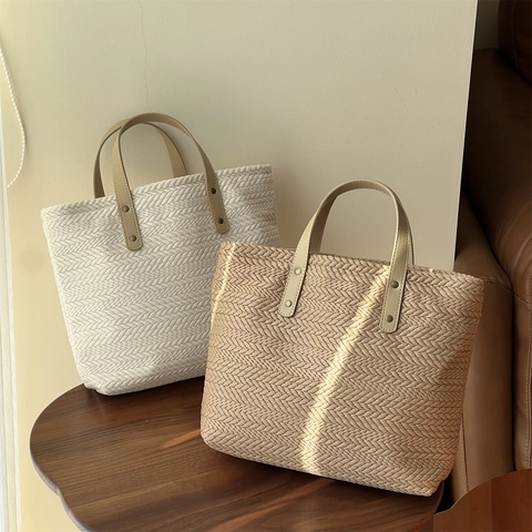 Women Canvas Tote Handbag Jacquard Rice Ear Texture With Leather Straps Zipper Closure Retro Urban Simple Style Bag