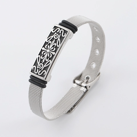 Pulsera De Malla De Acero Inoxidable Retro Con Hebilla De Correa De Reloj Ajustable Y Placa Floral Grabada Para Hombres Mujeres