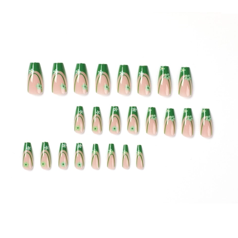 Press On Nagels Groene French Tip Lange Doodskist Vorm Madeliefje Patroon Kunstmatige Kunstnagels Voor Vrouwen