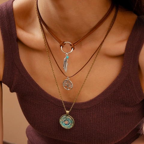 Bohemian Multi Layer Necklace Alloy Resin Brown Velvet Cord Life Tree Feather Mandala Pendant Vintage Jewelry Women