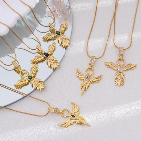 Collana Con Ciondolo Ali Di Angelo Fenice Rame Placcato Oro 18K Zirconia Pietra Preziosa Goccia Catena Serpente Gioielli