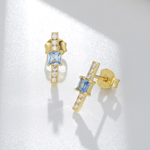 Orecchini a Bottone in Argento Sterling 925 Quadrato Geometrico Zirconia Blu per Donna Placcato Oro Gioielli di Moda Minimalista
