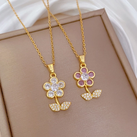Collier Pendentif Fleur Acier Inoxydable Et Cuivre Zircon Feuille Bijoux Élégants Pour Femmes