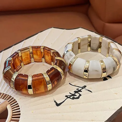Pulsera Segmentada Gruesa Retro Mármol Acrílico Resina Aleación Elástico Joyería De Moda Para Mujeres