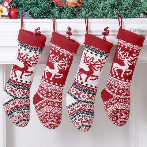 Knitted Christmas Stocking Reindeer Snowflake Pattern Large Capacity Holiday Gift Bag Hanging Ornament For Fireplace