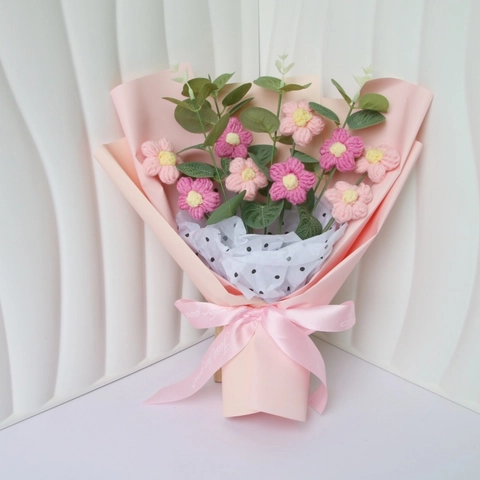 Handmade Crochet Knitted Flower Bouquet Yarn Puff Flowers Faux Eucalyptus Leaves Gift For Valentine Mother Day Teacher