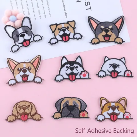 Embroidered Patches Badges Self Adhesive Cartoon Animal Dog Cat Head DIY For Clothing Backpack Hat Decor Accessory