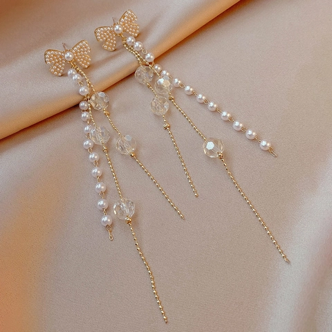 Long Tassel Drop Earrings With Bowknot Imitation Artificial Pearl Crystal And 925 Sterling Silver Earring Post