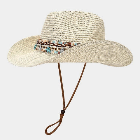 Women Straw Cowboy Sun Hat Wide Brim Bohemian Beach Summer Travel Hat With Star Shell Charms Adjustable Chin Strap