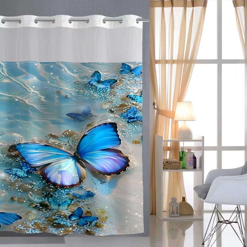 Waffle Weave Shower Curtain Hookless Waterproof Polyester Fabric With Detachable Liner And Matching Floor Mat For Bathroom