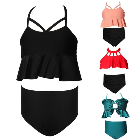 Girls Bikini Swimsuit Nylon Ruffle High Waisted Swimwear Ruched Quick Dry Hollow Out Cross Strap For Kids