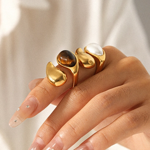 Water Drop Adjustable Open Ring 18K Gold Plated Stainless Steel Tiger Eye Stone Artificial Pearl Inlaid Retro Minimalist Jewelry Women