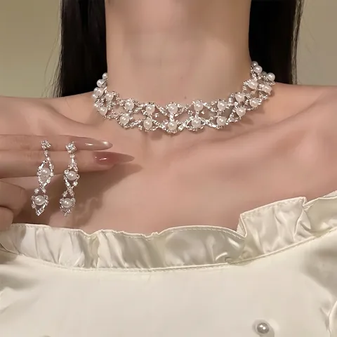 Elegante Halskette Und Ohrringe Mit Künstlichen Künstliche Perlen Und Strass Für Damen Hochzeit Party Französischer Stil Accessoire