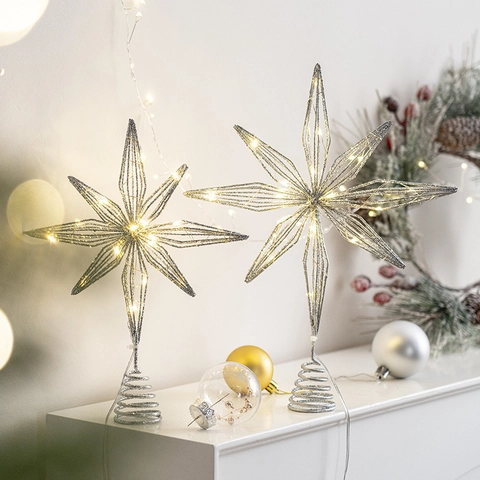 Christmas Tree Topper Star Lighted Glitter Metal Hollow Treetop Decoration For Holiday Home Party Elegant Glowing Ornament
