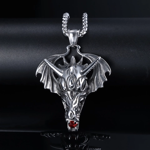 Dragon Head Wyvern Wings Pendant Necklace Stainless Steel Red Rhinestone Gothic Punk Rock Jewelry Men