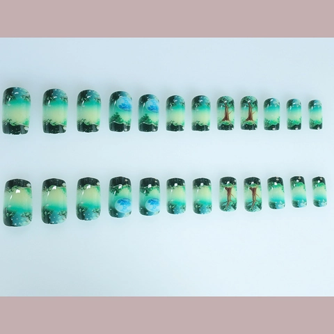 Press On Nails Green Forest Night Sky Starry Planet Tree Design Long Square Shape Gradient Art Artificial Fingernails