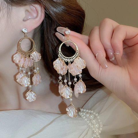 Pendientes Largos Con Borla De Pétalos Aleación Perla Artificial Circón Poste De Plata Estilo Bohemio Elegante Para Mujeres