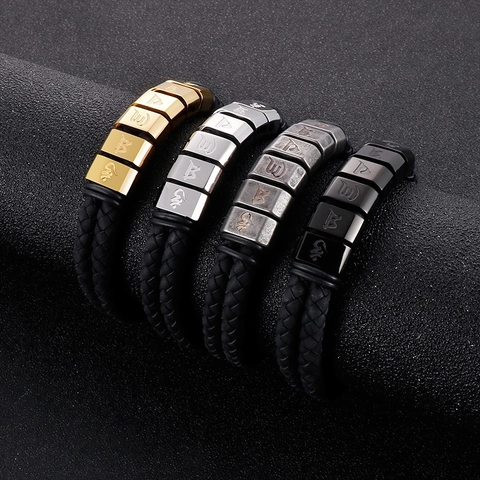 Men Braided Leather Bracelet Stainless Steel Layered Ethnic Mantra Beads Vintage Punk Retro Style Jewelry Fashion Gift