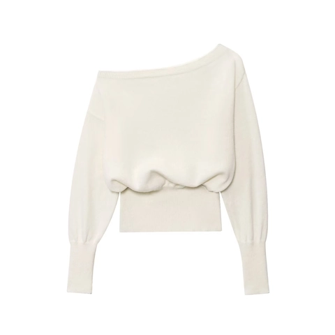 Damen Strickpullover Schulterfrei Langarm Lockerer Pullover Rippbündchen Einfarbig Elegantes Oberteil