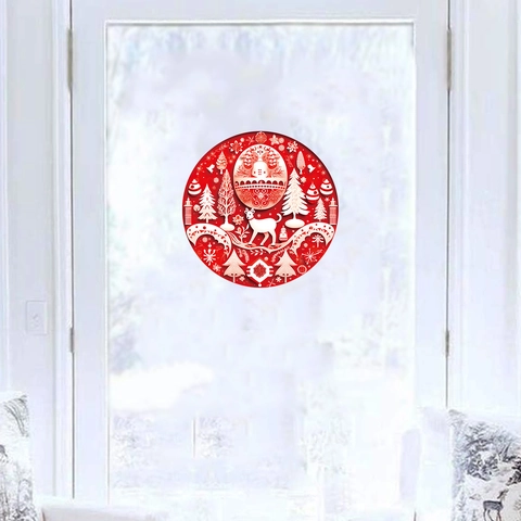 Adesivo Parete Natale PVC Autoadesivo Renna Fiocco Neve Albero Stile Carta Rotondo Rosso Bianco Decorazione Casa