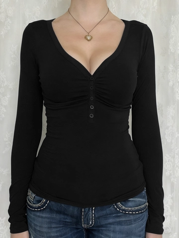 Dames Henley T-Shirt Lange Mouwen V-Hals Geplooid Buste Slim Fit Gebreide Viscose Elastaan Casual Y2K Top