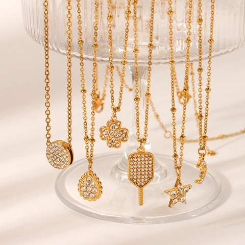 Stainless Steel Pendant Necklace 18K Gold Plated Rhinestone Star Moon Clover Waterdrop Fashion Jewelry For Women