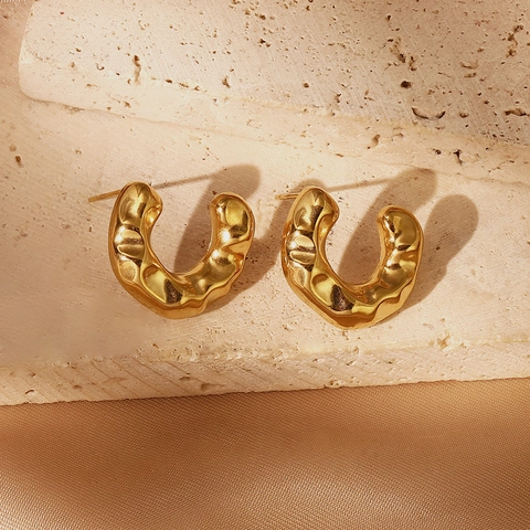 Vintage Stainless Steel Heart Hollow Stud Earrings Hammered Geometric U-Shaped Gold Plated Minimalist Earring For Women