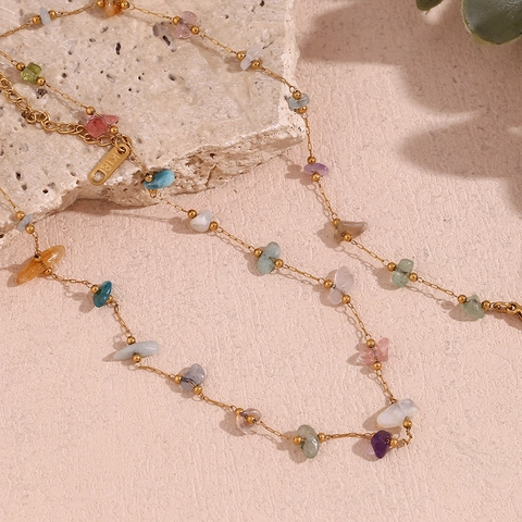 Natural Crushed Stone Necklace And Bracelet 18K Gold Plated Stainless Steel Adjustable Colorful Jewelry For Women