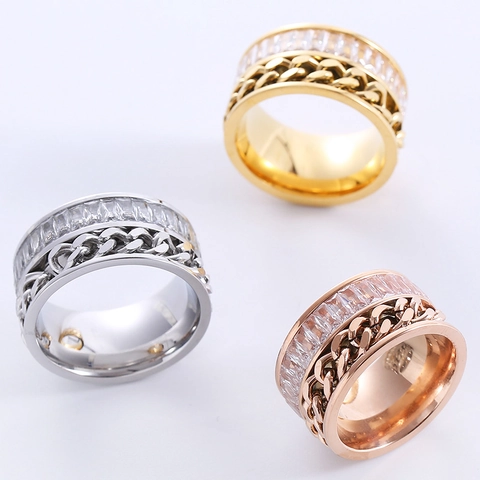 Anillo Ancho Circonita Baguette Acero Inoxidable 316L Diseño Cadena Cubana Joyería De Moda Para Mujeres