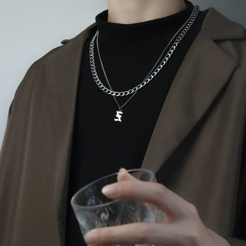 Stainless Steel Double Layer Necklace Cuban Chain Gothic Initial Letter Pendant Hip Hop Streetwear Unisex