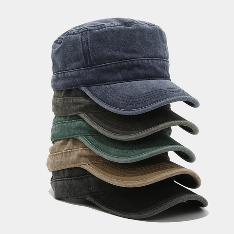 Washed Cotton Cadet Cap Retro Distressed Flat Top Hat Vintage Army Style Casual Sonnenschutz Verstellbar