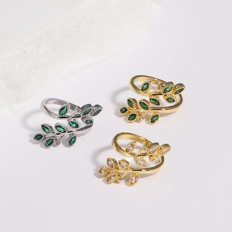 Vintage Olivenblatt Offener Ring Kupfer Mit Bunten Zirkonia Verstellbarer Zweig Schmuck Für Damen Frischer Retro Stil