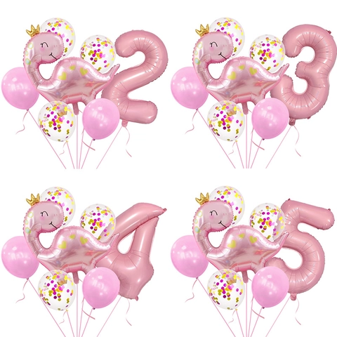 Pink Crown Dinosaur Aluminum Foil And Latex Confetti Balloons Set For Girls Birthday Party Decoration Cute Cartoon Animal Photography Props