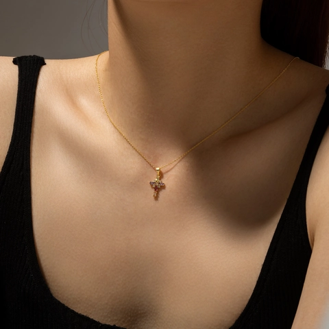 Collana Con Pendente A Croce In Argento Sterling 925 Con Zirconia Cubica Arcobaleno Colorata Pietre Taglio Marquise Per Donna Placcato Oro 18K