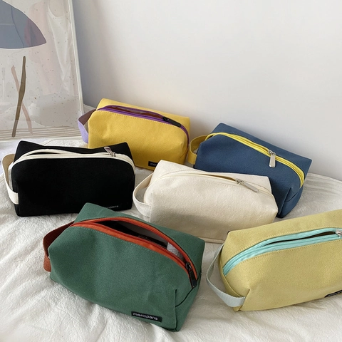 Neceser De Lona Bloque De Color Gran Capacidad Bolsa De Viaje Organizador Portátil Estuche De Lápices Para Estudiantes