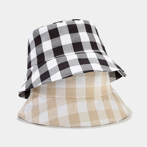 Women Checkered Bucket Hat Cotton Seersucker Gingham Plaid Breathable Summer Outdoor Sun Protection Travel Casual