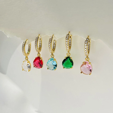 Pear Cut Colorful Zirconia Water Drop Dangle Earrings Copper Huggie Hoop Elegant Jewelry Gift For Women Fashion