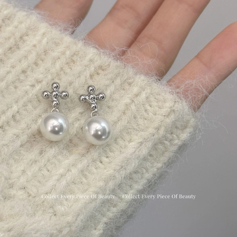 Pendientes De Perlas Artificiales Con Cruz Vintage Cobre Geométrico Perla Artificial De Imitación Blanco Joyería Mujeres Elegante Color Plateado