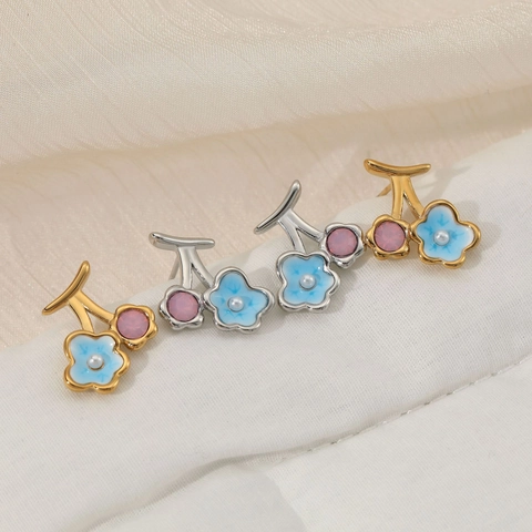 Pendientes De Botón De Cereza Acero Inoxidable 304 Flor Esmalte Perla Artificial De Imitación Cristal Estilo Pastoral Para Mujer