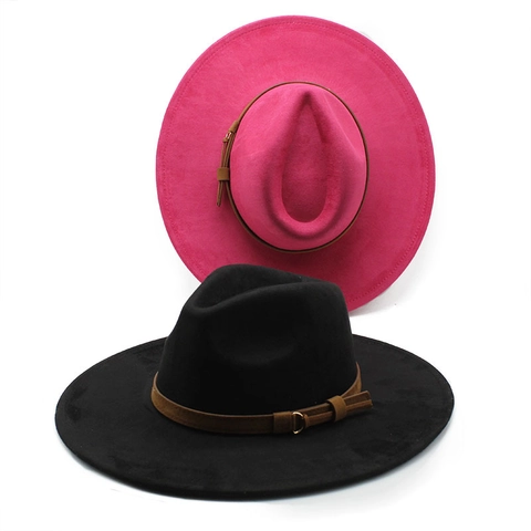 Wide Brim Fedora Hat Suede Polyester Felt Retro Western Style With Belt Buckle Men Women Unisex Adjustable