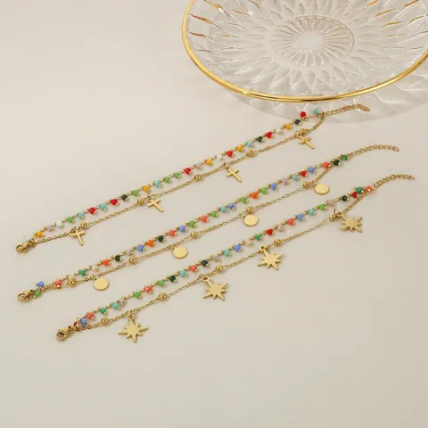 Stainless Steel Double Layered Bracelet Gold Plated Colorful Beads Heart Moon Star Charms Boho Fashion Jewelry For Women