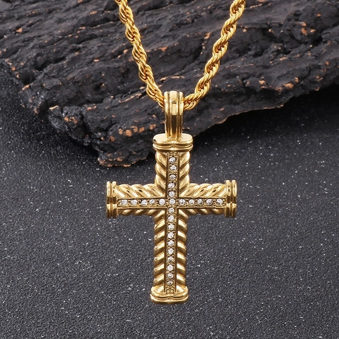 Collar Con Colgante De Cruz Acero Inoxidable Con Diamantes De Imitación Textura Cuerda Trenzada Joyería Hip Hop Hombre