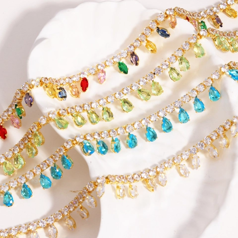 Waterdruppel Kwastje Choker Ketting Koper Goud Verguld Kleurrijke Zirkoon Elegante Mode Sieraden Voor Dames
