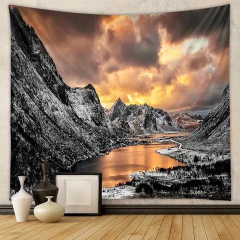 Tapiz Paisaje Poliéster Montañas Nevadas Lago Atardecer Decoración De Pared Para Dormitorio Sala De Estar Estilo Naturaleza