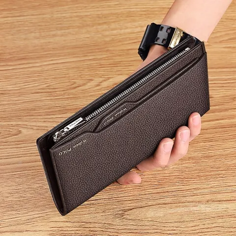 Men Long Wallet Genuine Cowhide Leather RFID Blocking Multi Card Slots Zipper Pocket Business Bifold Purse